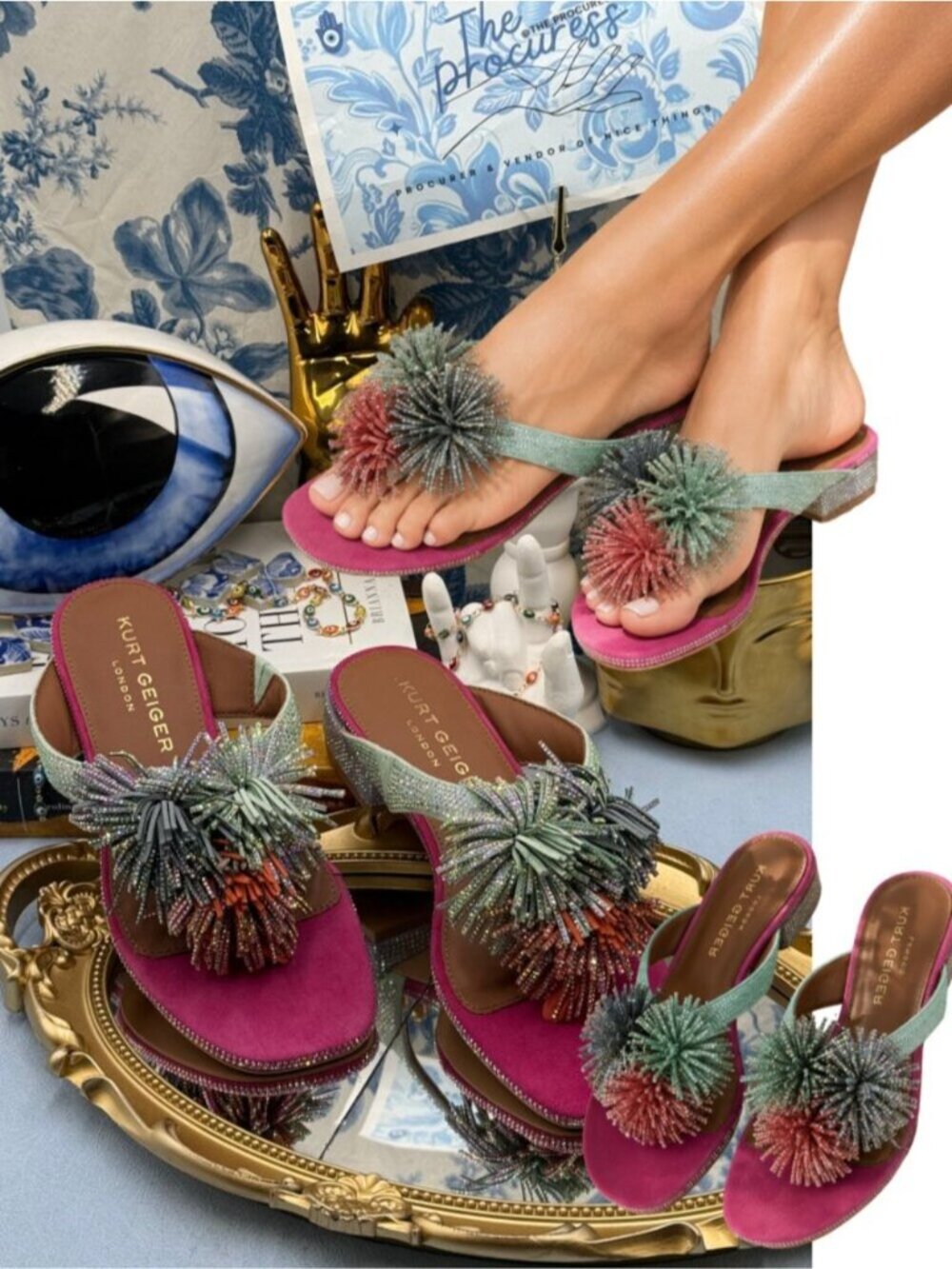 🆕 KURT GEIGER LONDON 🧿 NWOB Pom Pom T-Bar Thong Sandals, Pink & Green - Sz 35